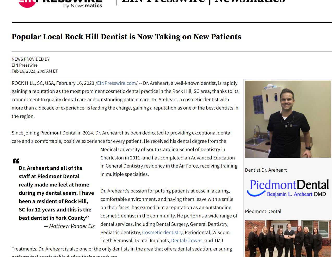 local rock hill news article about Piedmont Dental in Rock Hill