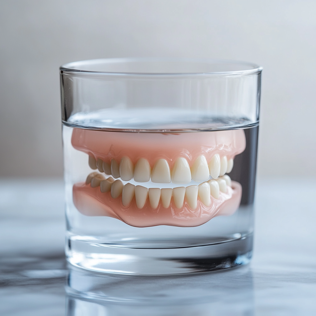 Before and after dentures cleaning in a glass of water