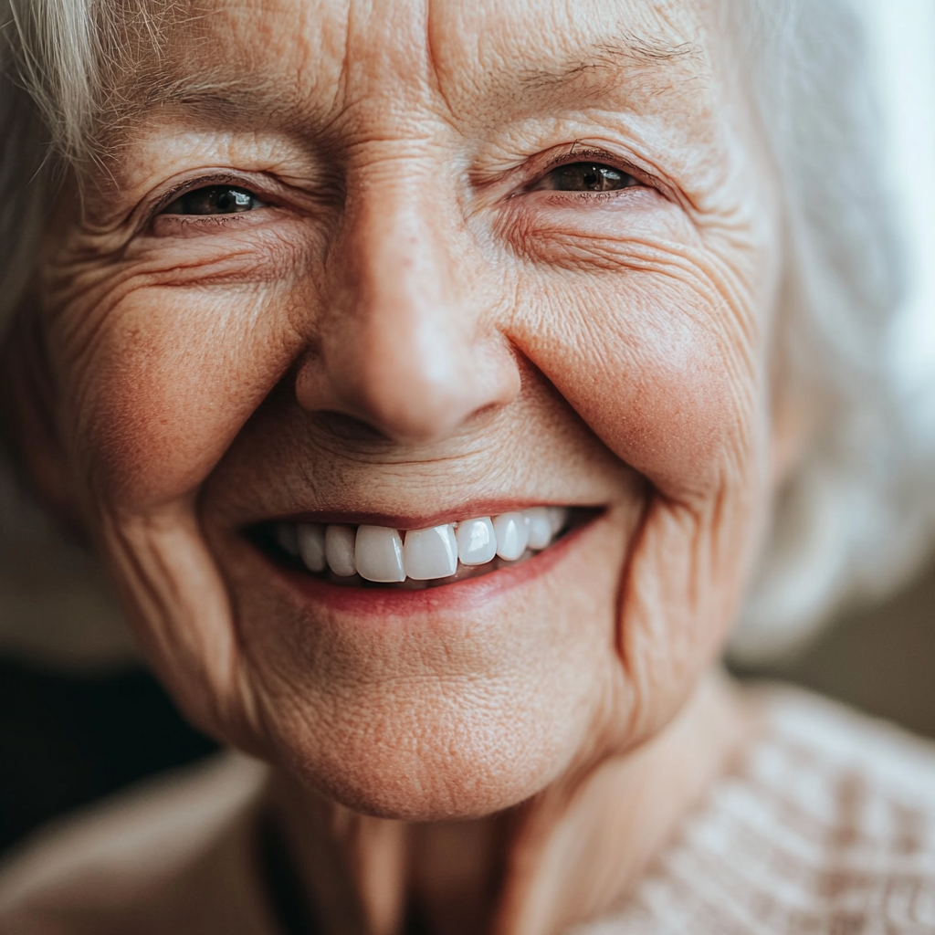 Before and after dentures smile of elderly woman