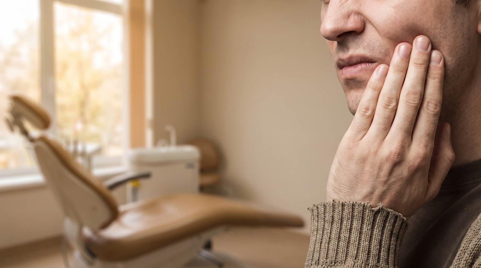 A person with tooth pain near the dental chair