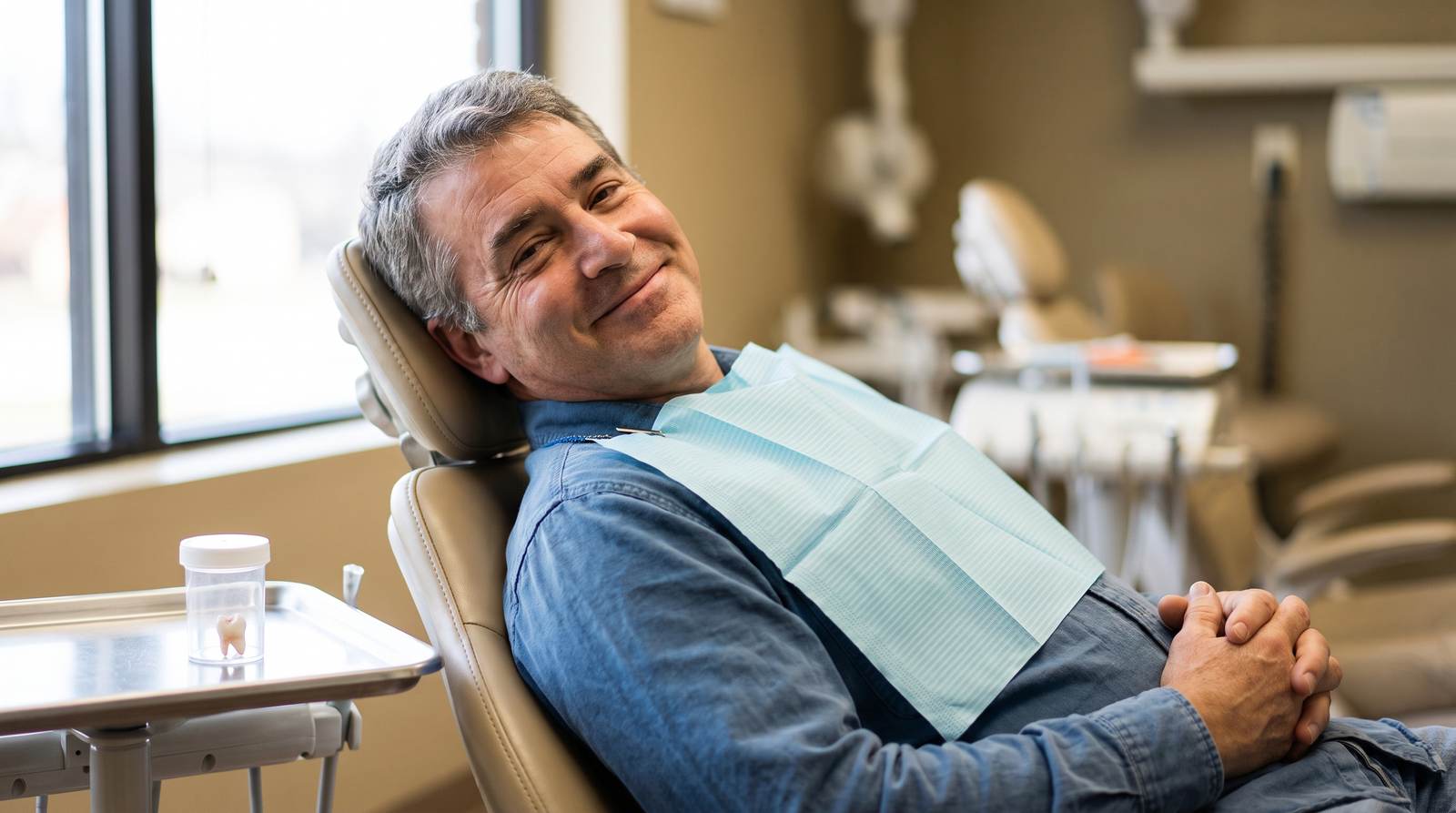A relieved patient after a tooth extraction at Piedmont Dental in Rock Hill